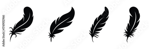 Simple, elegant feather silhouette graphic design. Feather vector icon logo or illustration. Black feather silhouette vector set. Different bird feathers icon collection. Vintage quill pen writing.