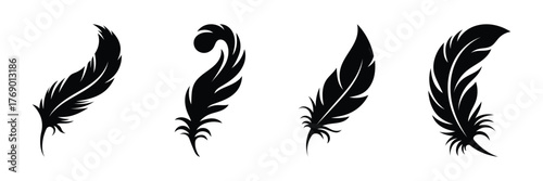 Feather icon on white background. Eagle quill central feather shaft upward icon arc vector. Collection of diverse black feather icons. Simple feather icon in black and white with minimalist design