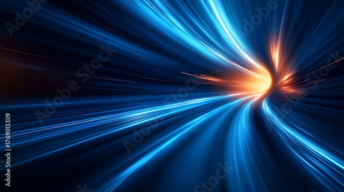 Abstract blue and orange light trails streaking through darkness creating a sense of speed and energy