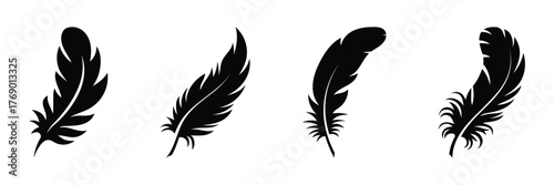 Feather icon set. Bird quill pen silhouette collection in flat style. Plume, plumage, and graphics elements isolated on white background.