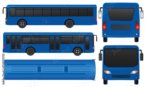 Blue city bus passenger transport vehicle multiple views top, side, Front, Back vector Illustration template and mockup for advertising