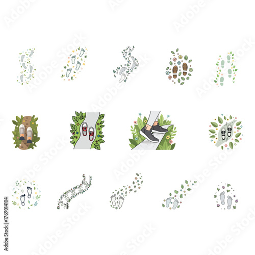Collection of various footprint illustrations with natural elements like leaves and flowers.