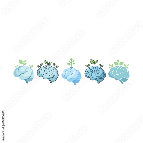 Illustrations of brains with leaves growing out of them.