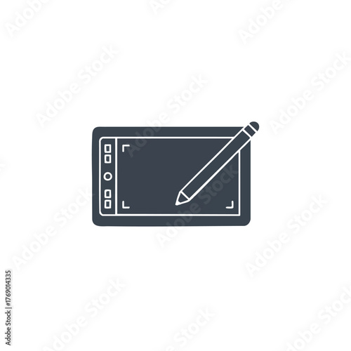 Minimalistic 2D flat icon vector illustration of a stylus pen resting on a gray digital drawing tablet, representing modern graphic technology isolated on a clean white background.