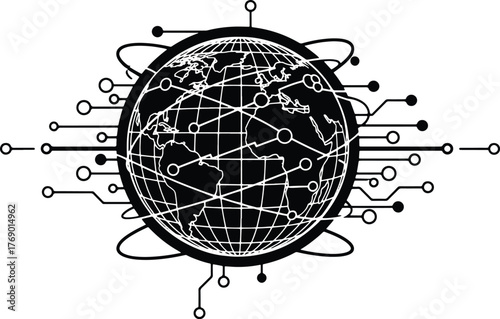 Black and white globe with digital network connections and circular nodes earth world