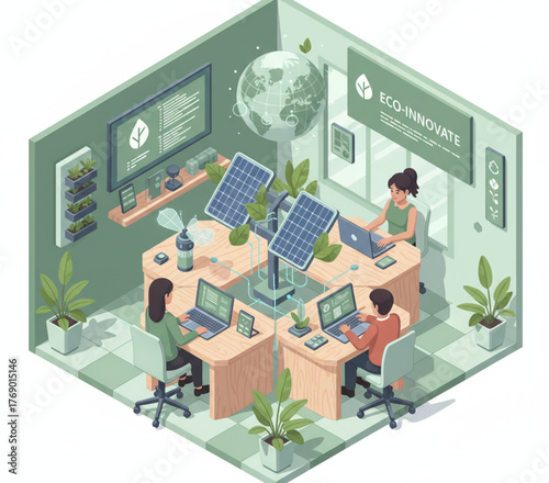 Sustainable Office with Solar Panels and Environmentally Conscious People
