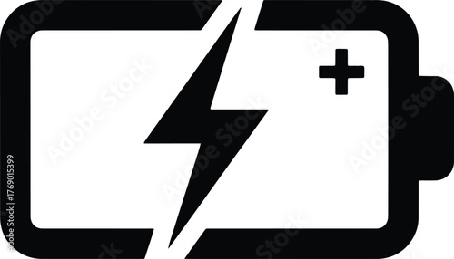 Black battery icon with lightning bolt and plus sign on white power energy
