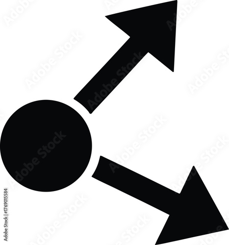 Black circle with two diverging arrows on white background split divergence