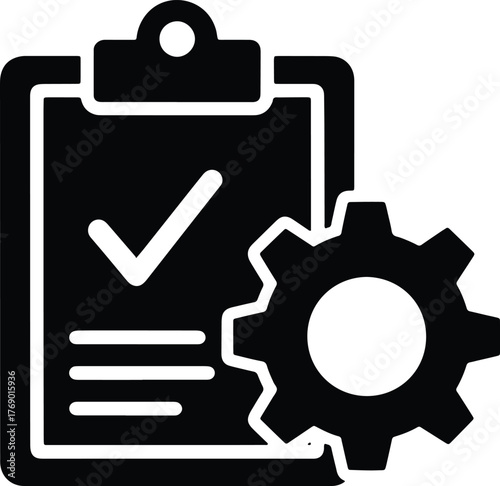 Black clipboard with checkmark and gear icon on white background cogwheel