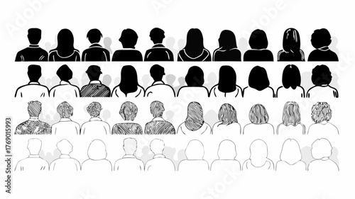 Diverse group of people seen from behind, audience concept, unified community illustration