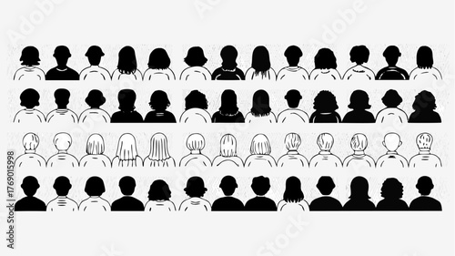 Diverse group silhouettes, facing away, perfect for showcasing community or representing anonymity in a crowd