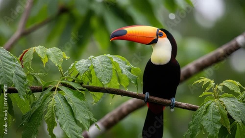 A colorful toucan perched on a branch in a lush, green rainforest setting