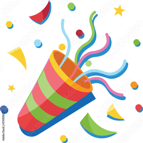 Vector illustration of a party popper exploding with colorful confetti and streamers