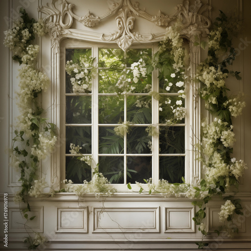 Enchanted Arch Window Overgrown with White Flowers and Lush Ivy