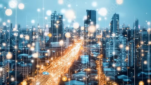 Futuristic cityscape with glowing network connections at night.