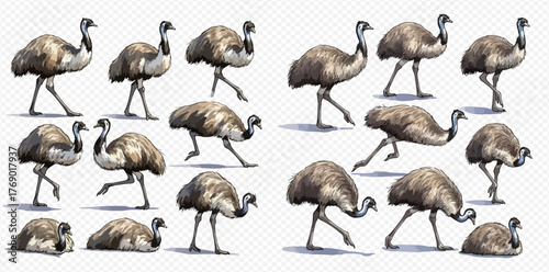 A collection of emu illustrations in various poses, showcasing the bird's unique features and movements.