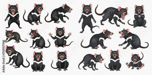 A collection of cartoon Tasmanian devils in various poses and expressions.
