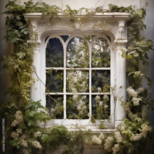Enchanted Arch Window Overgrown with White Flowers and Lush Ivy