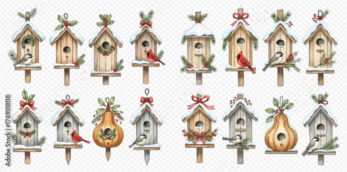 A collection of whimsical birdhouses decorated for the winter season, each with unique designs and festive embellishments.