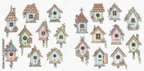 A collection of whimsical birdhouses in pastel colors, adorned with flowers and vines, creating a charming and decorative display.