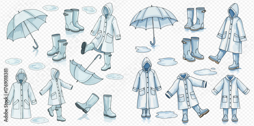Illustration of rain gear including umbrellas, raincoats, and boots on a transparent background.