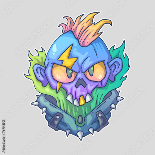 A colorful cartoon skull with a lightning bolt on the forehead, spiky hair, and a spiked collar. Cartoon vector character. Trendy style. Vector illustration.