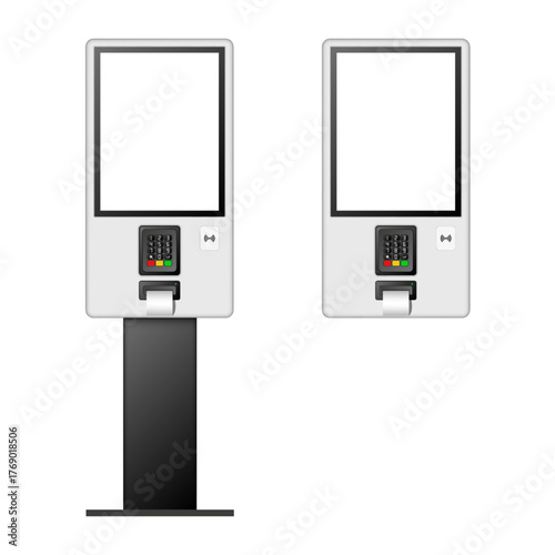 Realistic two self service payment kiosks or ticket machines 3d vector mockups with blank screens, receipt slots, keypads, and nfc readers on stand and wall front view isolated on white background.