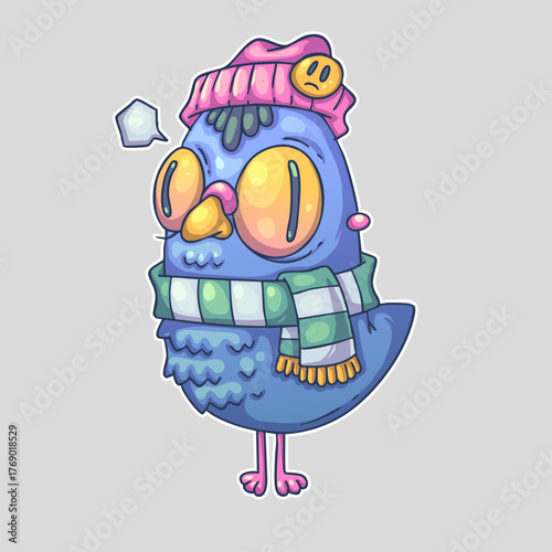 A blue bird wearing a pink hat and green scarf, with large yellow eyes and a speech bubble. Cartoon vector character. Trendy style. Vector illustration.