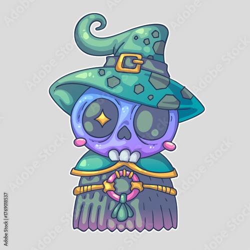 A colorful cartoon skull wearing a green wizard hat and robe, adorned with a magical pendant. Cartoon vector character. Trendy style. Vector illustration.