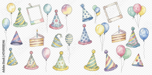 Watercolor illustration of party hats, balloons, cake slices, and frames.