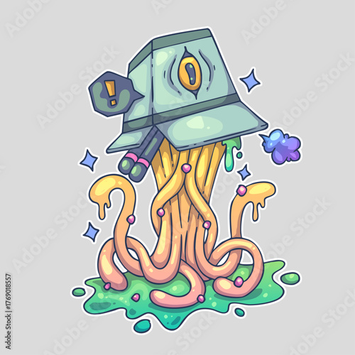 A monster with a single eye and tentacles, dripping slime, surrounded by stars and a cloud. Cartoon vector character. Trendy style. Vector illustration.