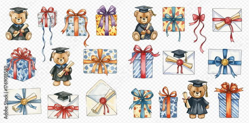 Watercolor graduation themed image with teddy bears in graduation gowns, gifts, and diplomas.