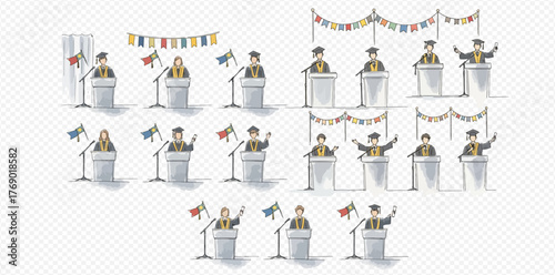 Illustration of graduation speakers at podiums with flags and bunting.