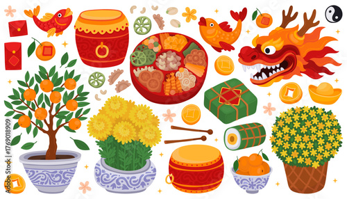 Collection of festive elements for Lunar New Year, Tet. Vietnamese traditional food, dragon head, bouquets of chrysanthemum flowers, drum, carp fish, gold coins.