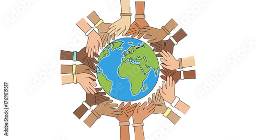 Diverse Hands United Around the World Celebrating Global Unity and Cooperation