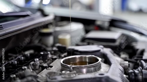 A close-up shows motor oil being poured into the engine's oil reservoir during a vehicle service