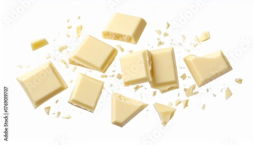 Delicious pieces of a broken white chocolate bar with crumbs scattered on a plain white background, isolated top view