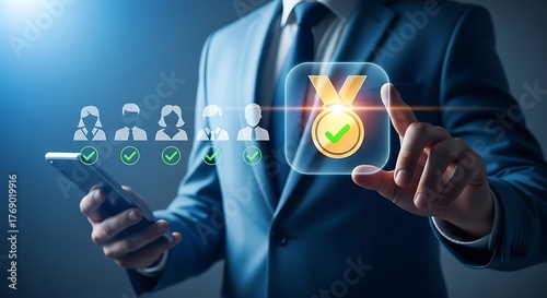 Man in a suit holding a smartphone and interacting with a glowing icon representing a reward or achievement, symbolizing customer satisfaction and employee recognition