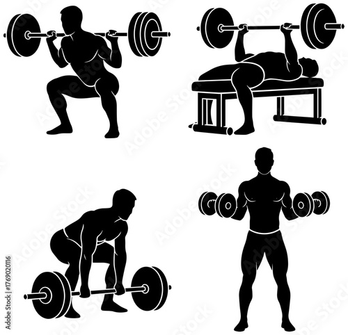 Dynamic weightlifting workout silhouettes for fitness training and strength building