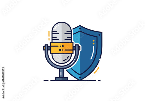 Illustration of a vintage microphone positioned in front of a blue shield, suggesting secure audio or protected communication.