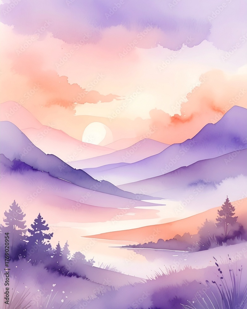Fototapeta premium Dreamy watercolor landscape painting of mountains and a river at sunset, with soft purple, pink, and orange hues creating a serene atmosphere.