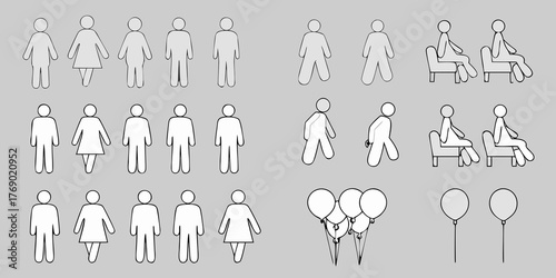 Collection of simple outline figures of people in various poses and balloons on a neutral background