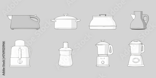 Collection of kitchen appliances and cookware illustrated in a clean line art style on a gray background