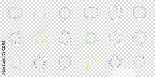 Collection of diverse comic book style speech bubbles and thought bubbles with transparent backgrounds