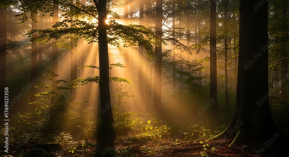 Obraz premium Golden sun rays filter through the canopy of a lush green forest, illuminating the woodland floor with ethereal light.