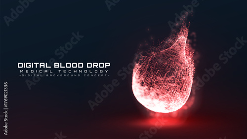 Glow Red Blood Drop on Black Background. Vector Illustration for Science, Tech, and Medical Poster.