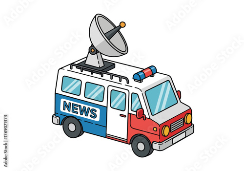 Cartoon illustration of a news van with a satellite dish, ready to broadcast.