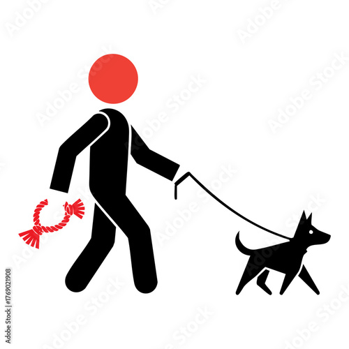 Minimalist vector graphic icon of a person walking a dog on a leash. Simple black and red pictogram representing pet ownership, animal care, and daily walks