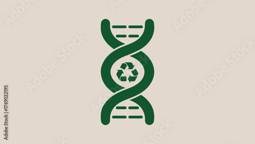 A green dna helix with a recycling symbol in the center, symbolizing sustainable biotechnology and genetic engineering for environmental conservation