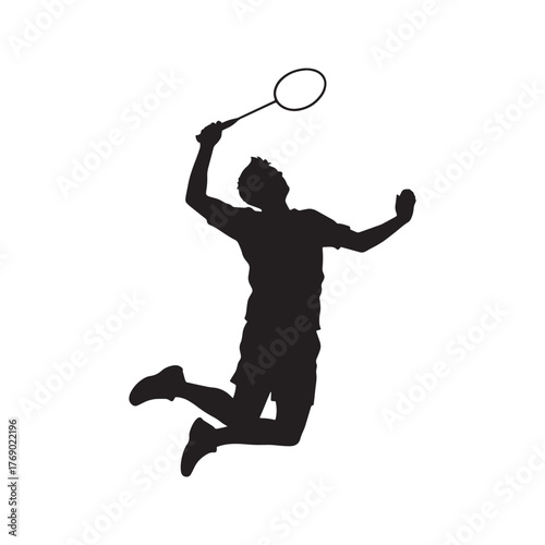 Badminton player silhouette in action, jumping to smash the shuttlecock. Vector graphic of an athlete in a sports game, isolated on a white background.
